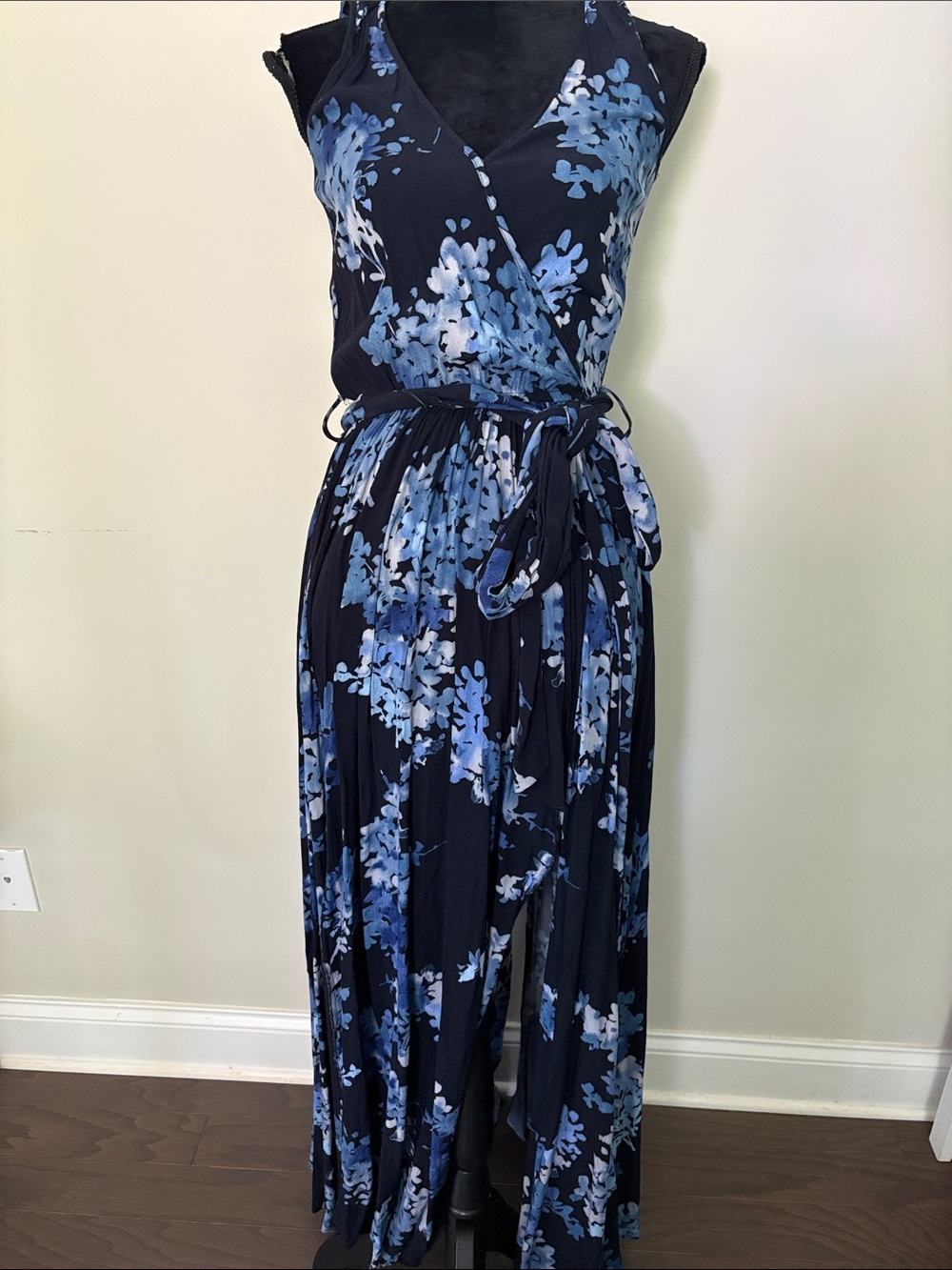 Navy Blue Floral Wrap Maxi Dress